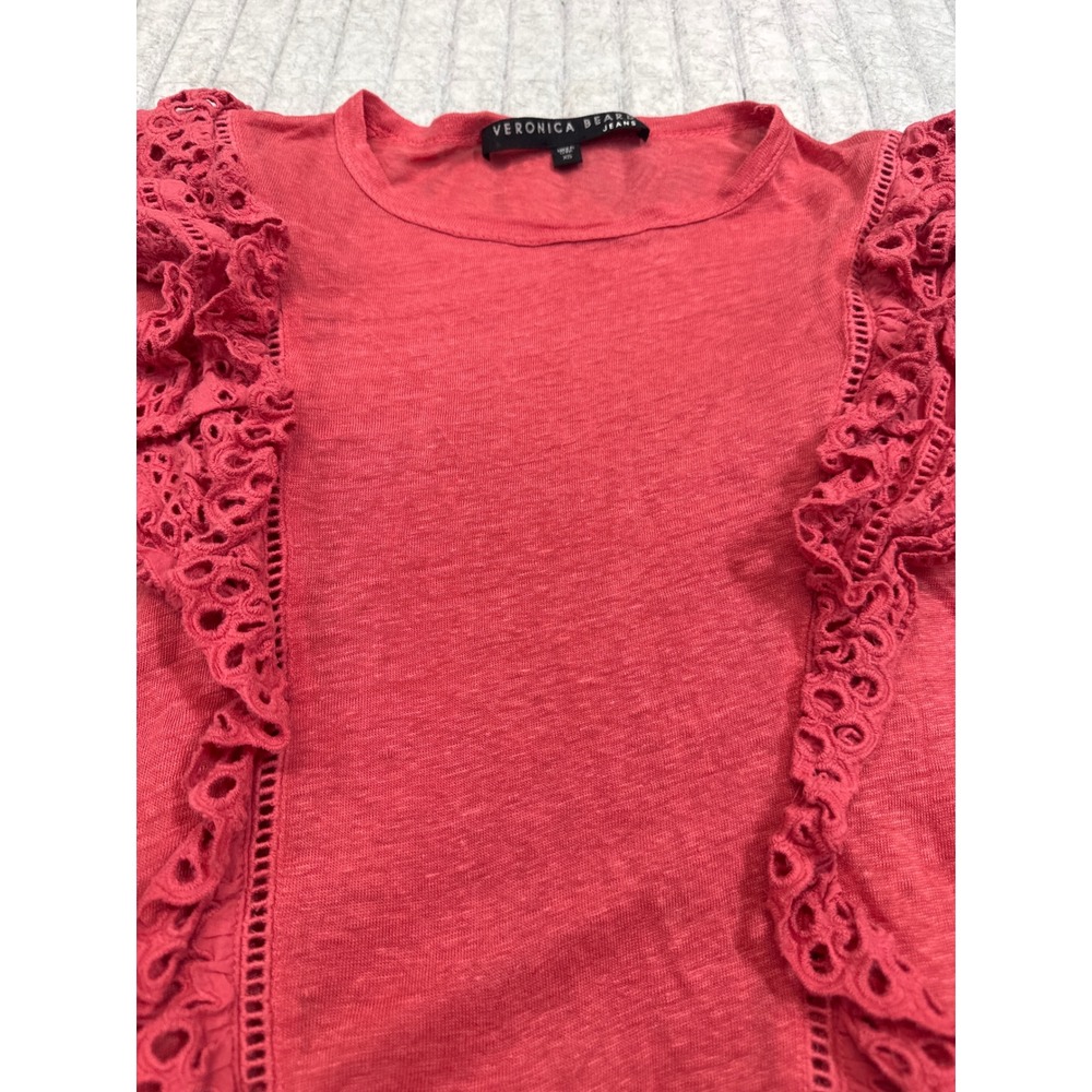 Veronica Beard Jeans Coral Pink Linen Eyelet Ruffle Short Sleeve Tee Shirt XS
